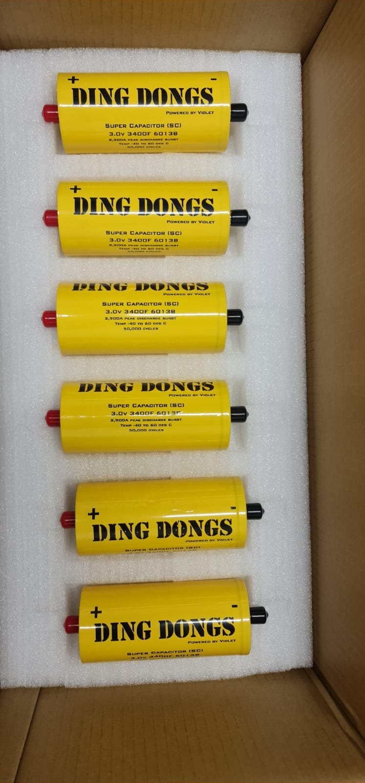 Ding Dongs Supercap 3.0v 3400F 2900A 500,000 cycles 6 Cell Per Bank